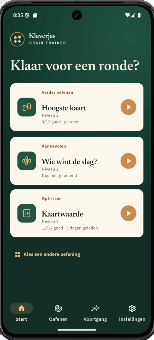 Startscherm met klaverjasoefeningen